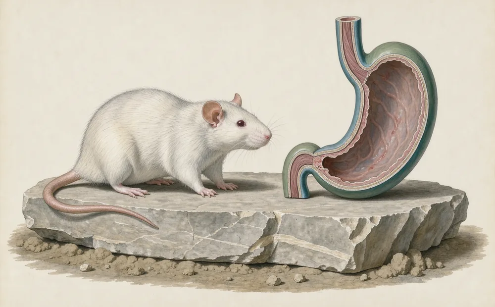Illustration of a white rat beside a separate cutaway stomach model on a museum mount.