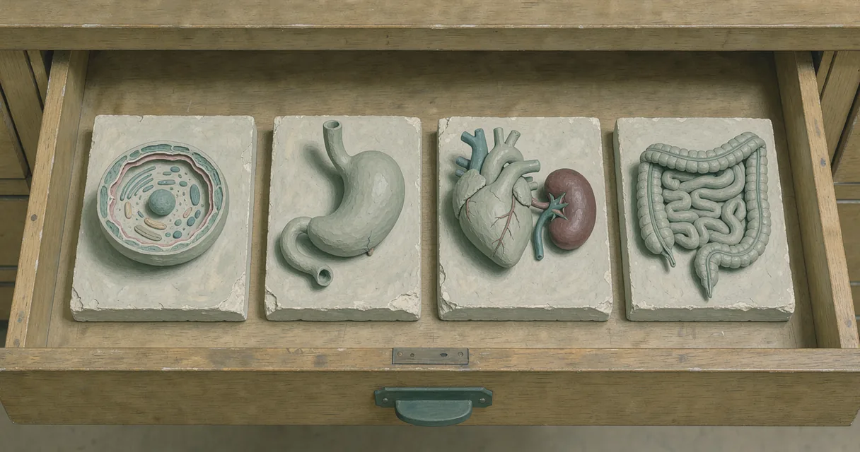 An open wooden display drawer containing separate clay models of a cell, stomach, heart, kidney and intestinal tissue.