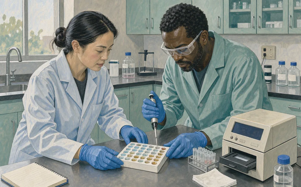 Two technicians preparing a multiwell assay plate beside a compact laboratory reader.