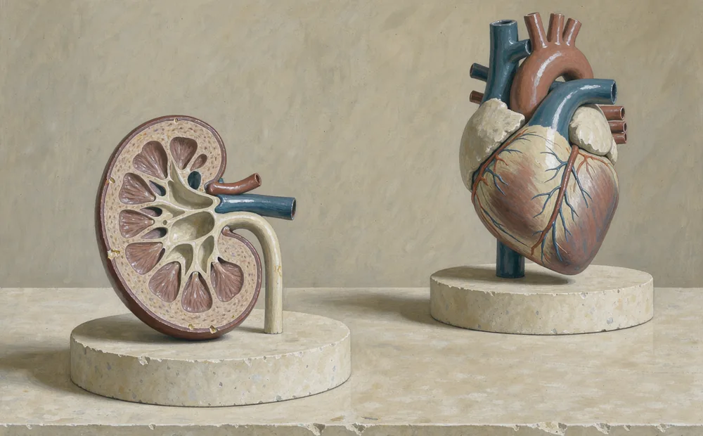 Pale anatomical models of a kidney and heart mounted separately on a warm stone surface.